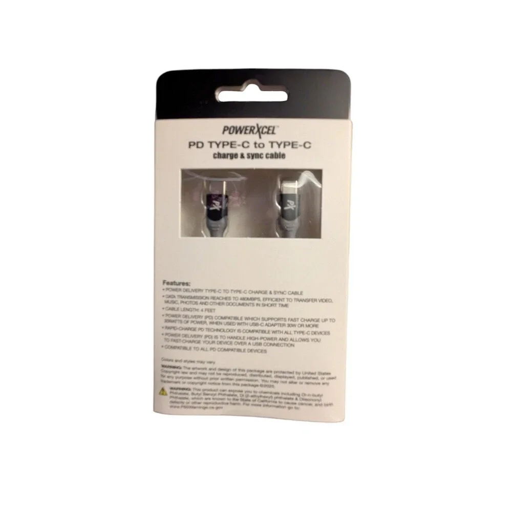 PowerXcel USB-C to USB-C Fast Charging Cable 4ft – PD 30W Charge & Sync